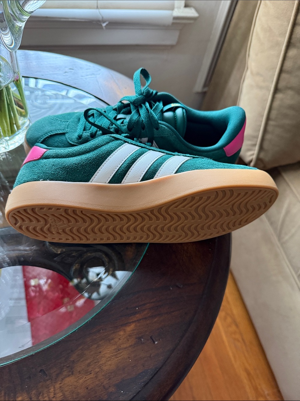 adidas Green Suede Sneakers with Pink Heel Patch - Picture 4 of 4